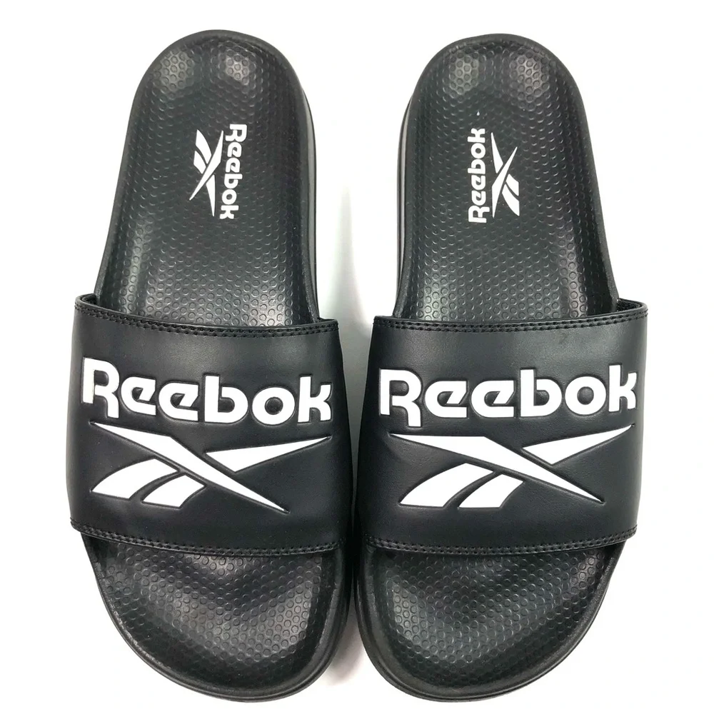 Reebok Black and White Logo Slide Sandals Mens 8/Womens 9